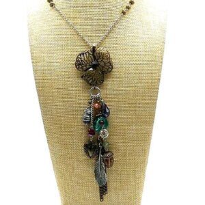 M&S Long Boho Charm Necklace Mixed Metals Colorful Beads Nature-Inspired Dangles